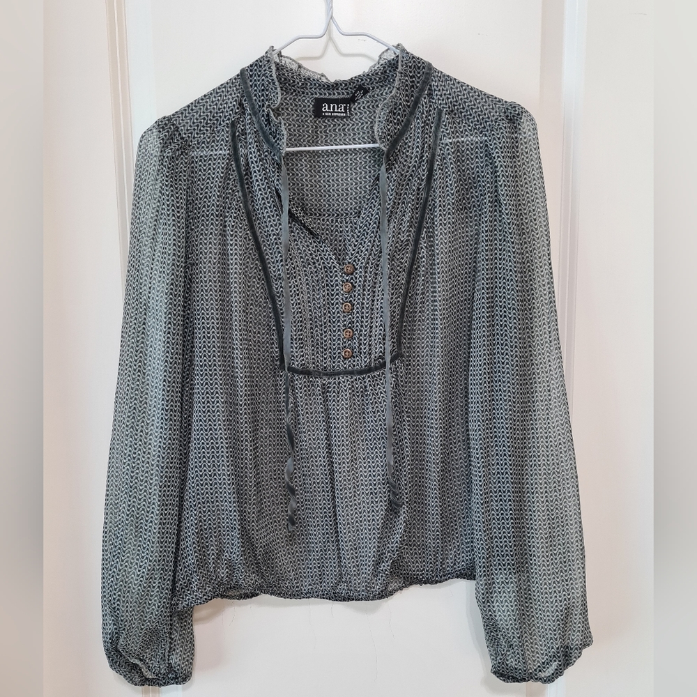 A.N.A. Gray long sleeve blouse, PM, Ruffled neck blouse with velvet trim,